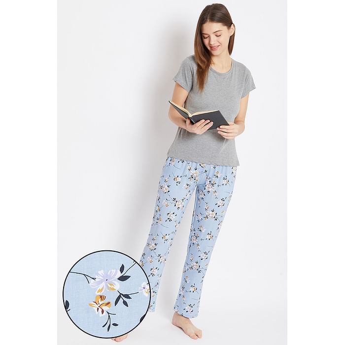 

Clovia Solid Top & Pretty Florals Pyjama in Grey & Powder Blue - Cotton Rich - LSC179A03, Light blue