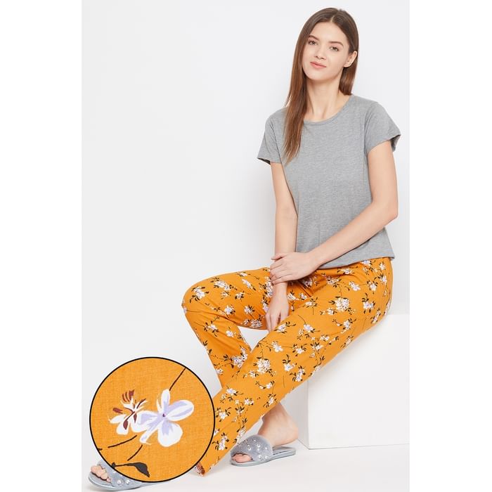 

Clovia Solid Top & Pretty Florals Pyjama in Grey & Mustard Yellow - Cotton Rich - LSC179P07