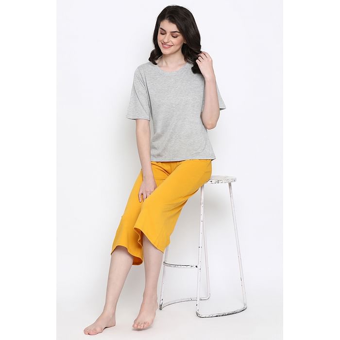 

Clovia Chic Basic Top & Capri in Grey & Yellow- Cotton Rich - LSC182P07, Mustard