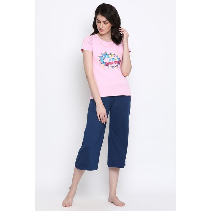 

Clovia Happy Is My Superpower Top & Capri in Pink & Blue- Cotton Rich - LSC182P08, Navy