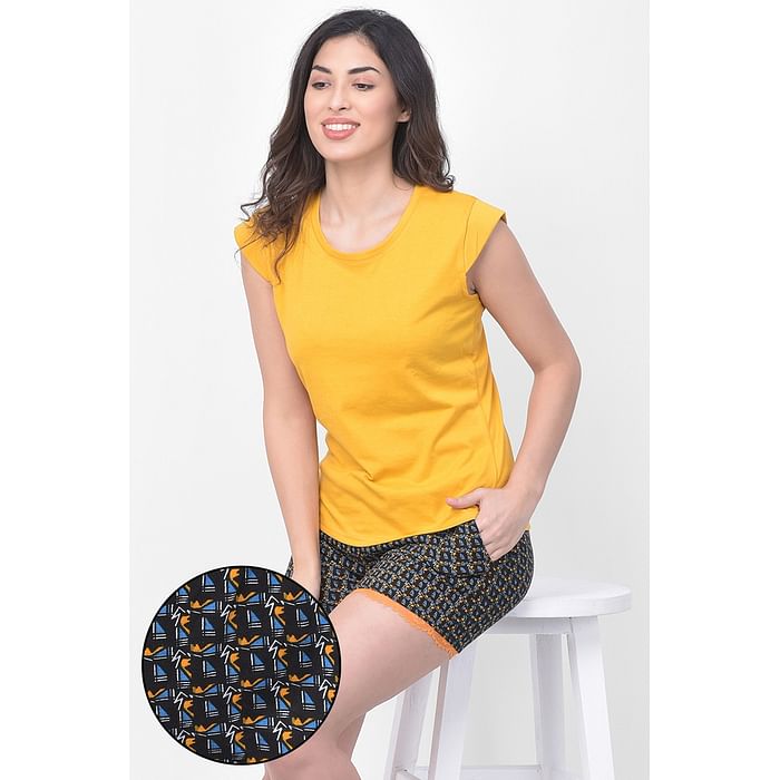 

Clovia Print Me Pretty Top & Boxer Shorts in Mustard & Black - Cotton Rich - LSC184A19