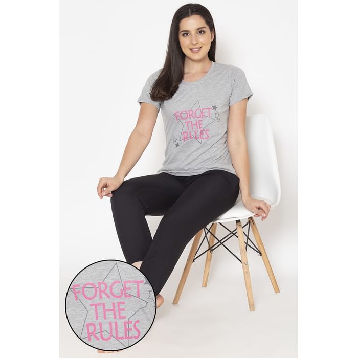 

Clovia Text Print Top in Grey & Chic Basic Pyjama in Black - LSC187I01, Light grey
