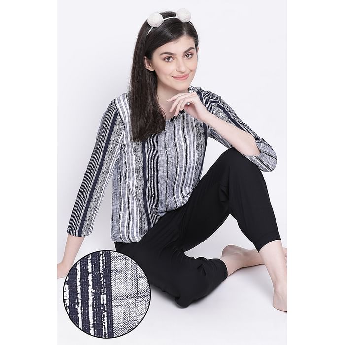 

Clovia Sassy Stripes Top & Pyjama in Black- Cotton Rich - LSC187P13