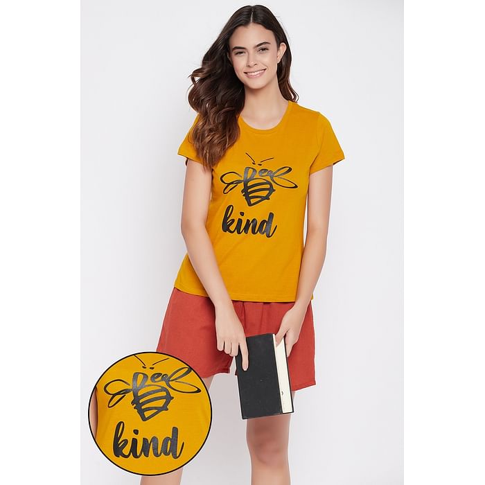 

Clovia Mustard Graphic-Print Top & Orange Boxer Shorts Set - Cotton Rich - LSC190P16