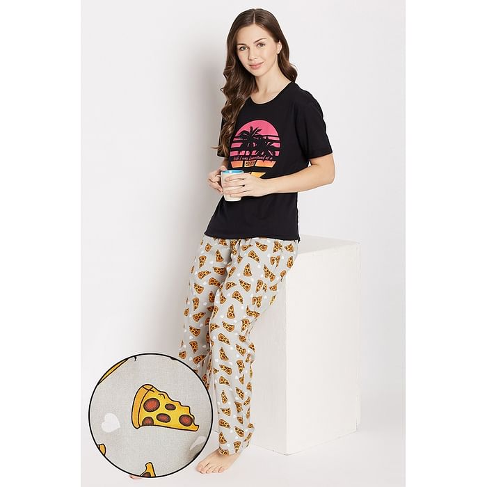 

Clovia Graphic & Text Print Sleep T-shirt in Black & Pizza Print Pyjama in Grey - LSC198P01, Light grey