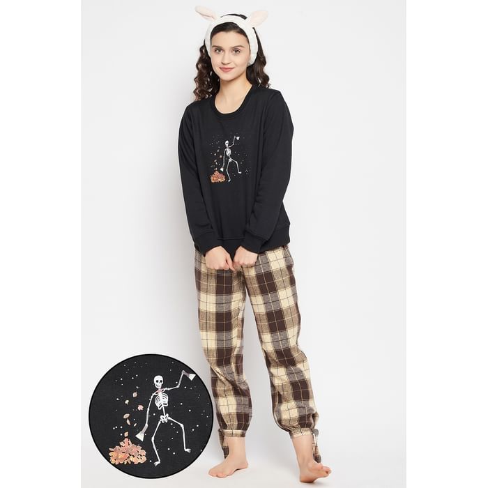 

Clovia Graphic Print Sweatshirt in Black & Classic Checks Pyjama in Brown - LSC200P06