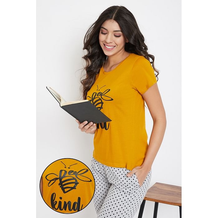 

Clovia Bee Graphic Print & Text Print Top in Mustard - Cotton Rich - LT0124A07