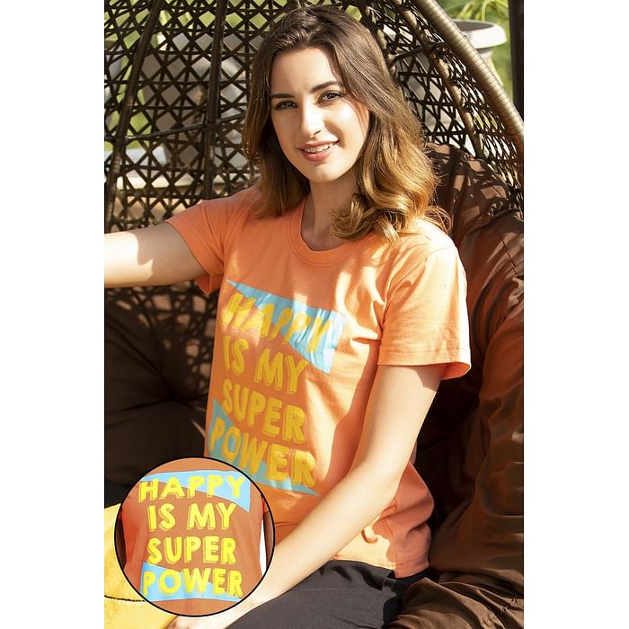 

Clovia Happy Is My Superpower Top in White- Cotton Rich - LT0124A16, Orange