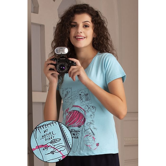 

Clovia Print Me Pretty Top in Light Blue- 100% Cotton - LT0124D03