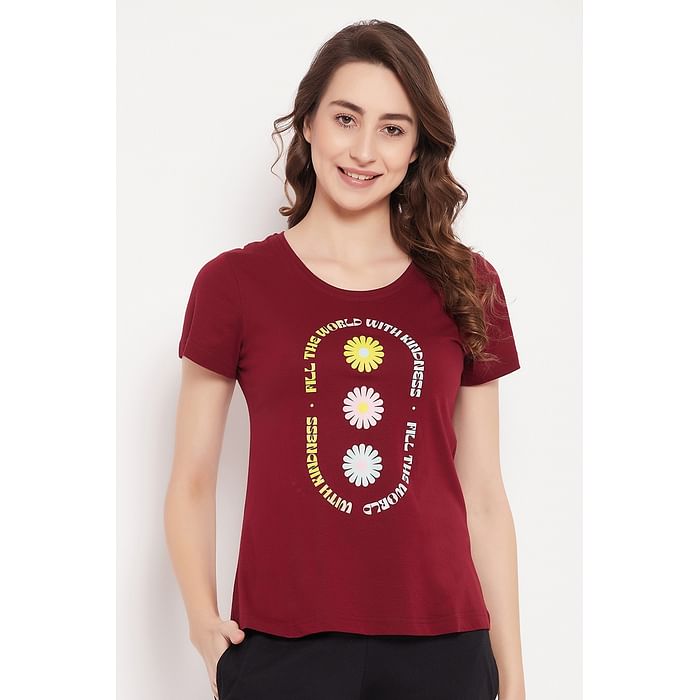 

Clovia Graphic & Text Print Top in Maroon - 100% Cotton - LT0124D09