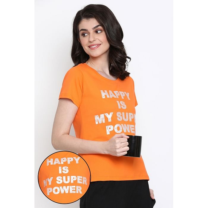 

Clovia Happy Is My Superpower Top in Orange - 100% Cotton - LT0124D16