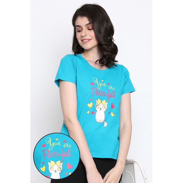 

Clovia Print Me Pretty Top in Teal Green - 100% Cotton - LT0124D17, Dark green
