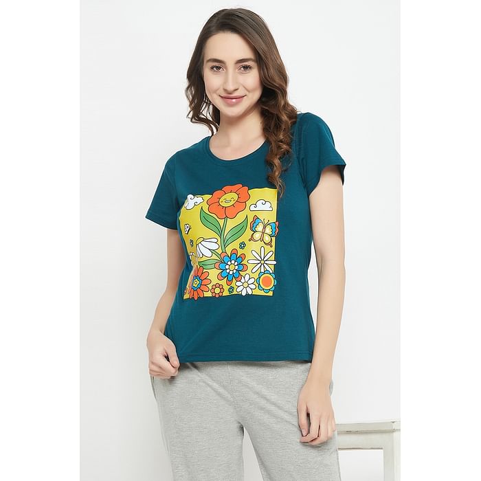 

Clovia Graphic Print Top in Teal Blue - 100% Cotton - LT0124D36