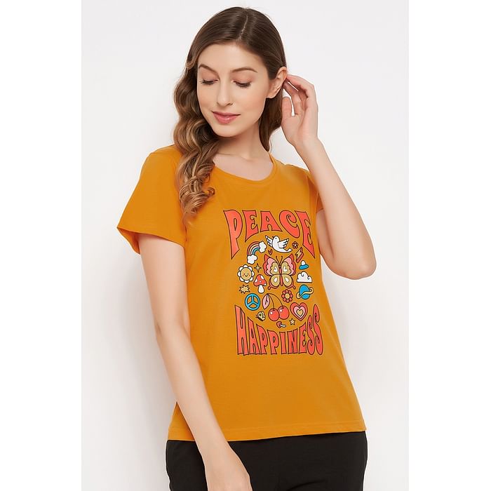 

Clovia Graphic & Text Print Top in Mustard Yellow - Cotton Rich - LT0124E07