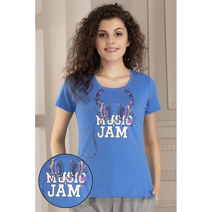 Clovia Music Magic Top in Dark Blue- 100% Cotton – LT0124E08