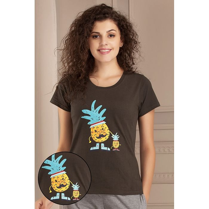 

Clovia Tooty Fruity Top in Dark Green- 100% Cotton - LT0124E17