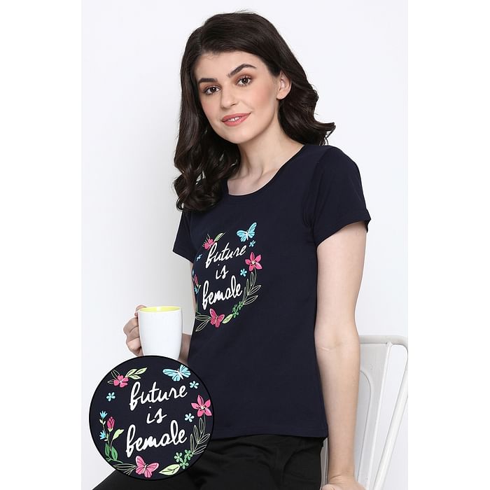 

Clovia Quirky Text Top in Dark Blue- 100% Cotton - LT0124F08, Navy