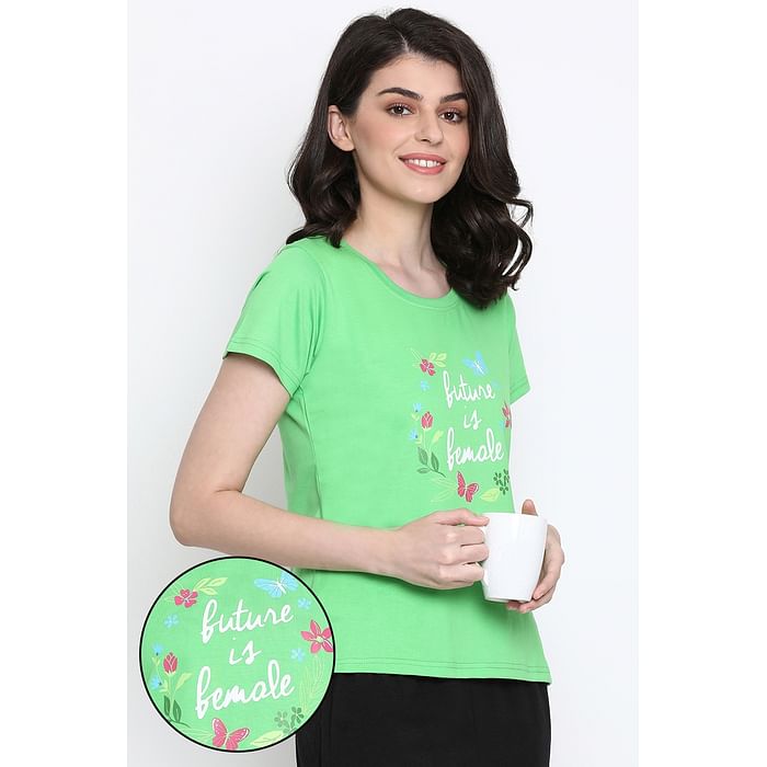 

Clovia Quirky Text Top in Green- 100% Cotton - LT0124F11, Light green