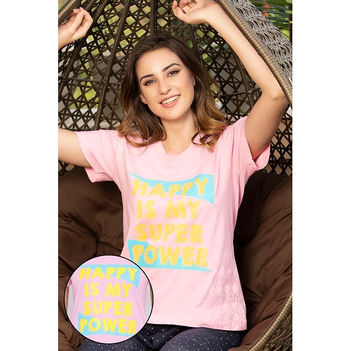 Clovia Happy Is My Superpower Top in Pink- Cotton Rich – LT0124F22