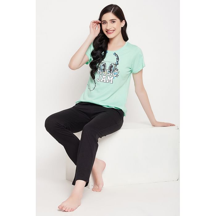 

Clovia Graphic & Text Print Top in Mint Green - 100% Cotton - LT0124G11, Light green
