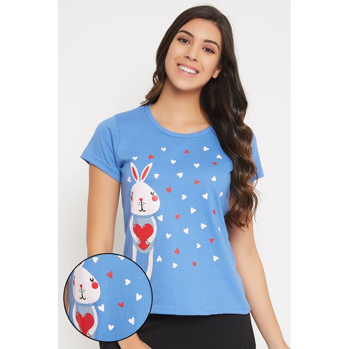 

Clovia Bunny Print Top in Light Blue - Cotton Rich - LT0124K08, Navy