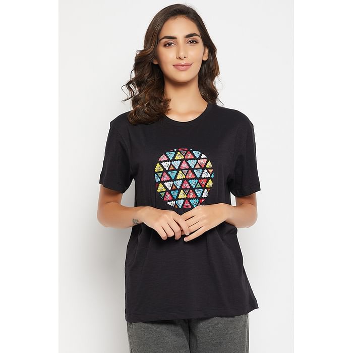 

Clovia Emoji Print T-shirt in Black - 100% Cotton - LT0124L13