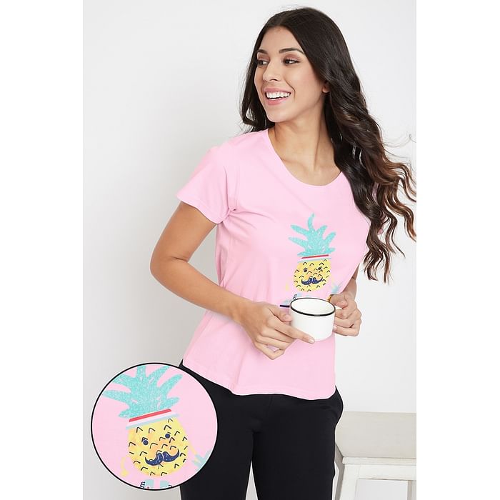 

Clovia Pineapple Print Top in Baby Pink - 100% Cotton - LT0124L22, Light pink