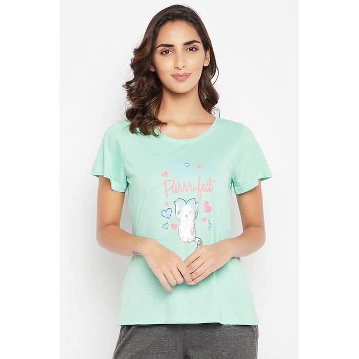 

Clovia Graphic & Text Print Top in Sky Blue - 100% Cotton - LT0124N11, Light green