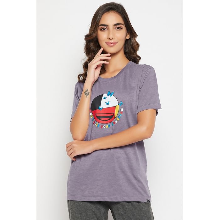 

Clovia Emoji Print T-shirt in Lilac Melange - 100% Cotton - LT0124N15, Purple