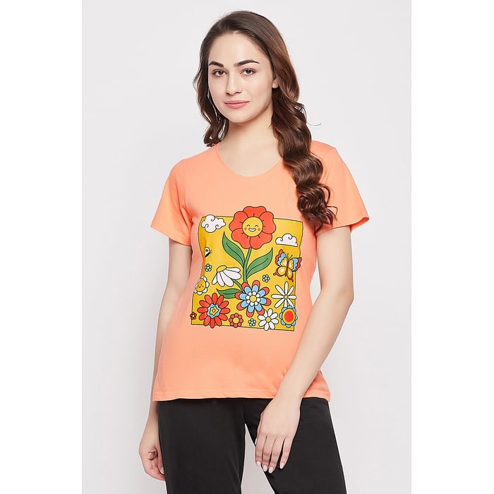 

Clovia Graphic Print Top in Peach Colour - 100% Cotton - LT0124P34