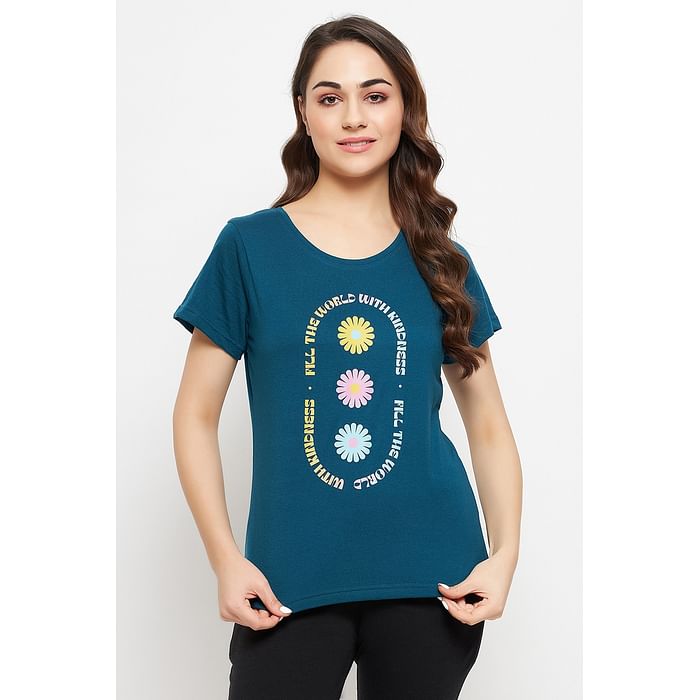 

Clovia Graphic & Text Print Top in Teal Blue - 100% Cotton - LT0124P36