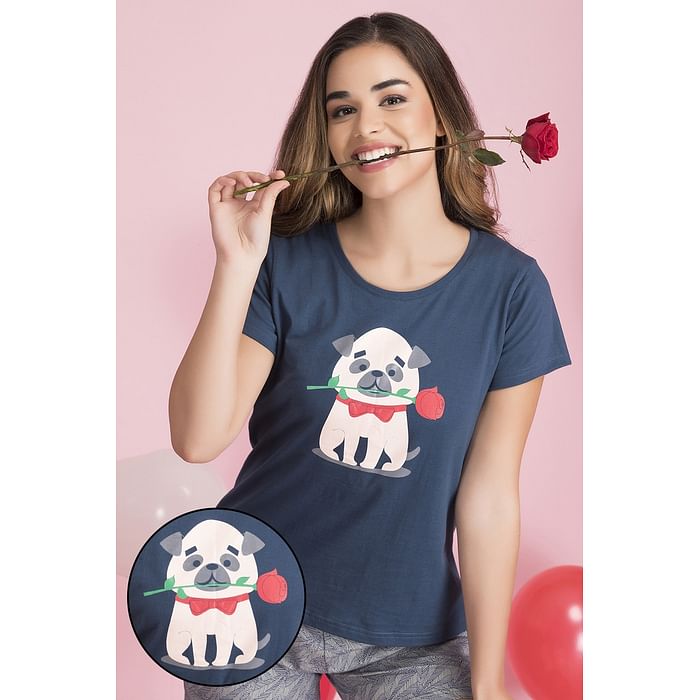 

Clovia Print Me Pretty Top in Navy Blue - 100% Cotton - LT0126P08