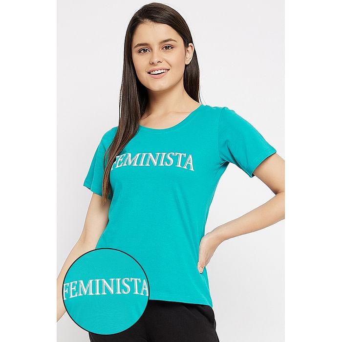 

Clovia Feminista Print Sleep T-shirt in Mint Green - Cotton Rich - LT0126P36, Teal