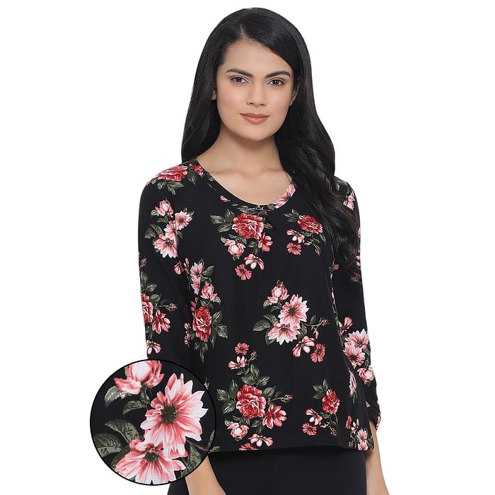 

Clovia Floral Print Top in Black - Cotton Rich - LT0133P13