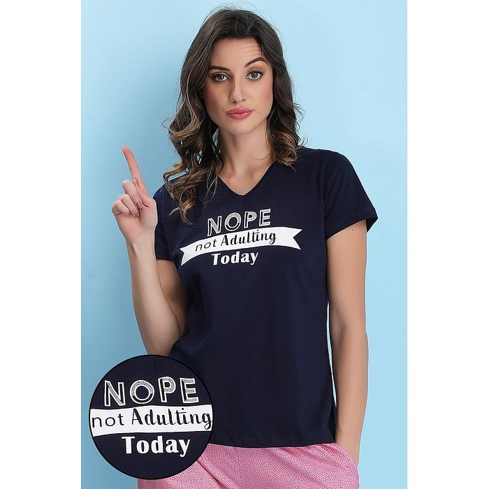 

Clovia Lazy Lounge Top in Dark Blue - Cotton - LT0135A08, Navy
