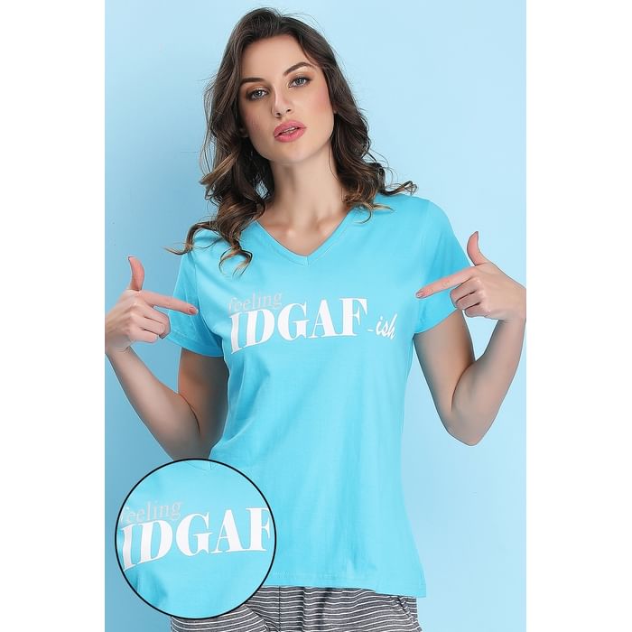 

Clovia Lazy Lounge Top in Blue- 100% Cotton - LT0135P03, Light blue