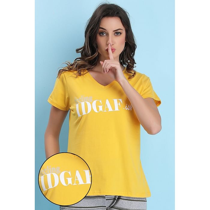 

Clovia Cotton Text Print Top - LT0135P07, Mustard