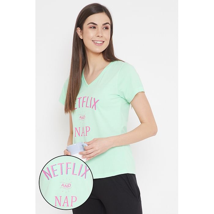 

Clovia Text Print Top in Mint Green - 100% Cotton - LT0135P11, Light green