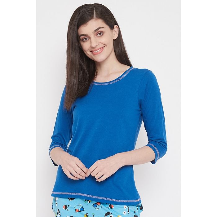 

Clovia Chic Basic Top in Blue- 100% Cotton - LT0137P08, Navy