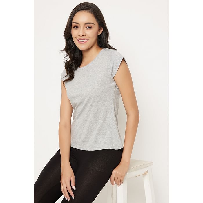 

Clovia Chic Basic Top in Grey Melange - 100% Cotton - LT0142P01, Light grey