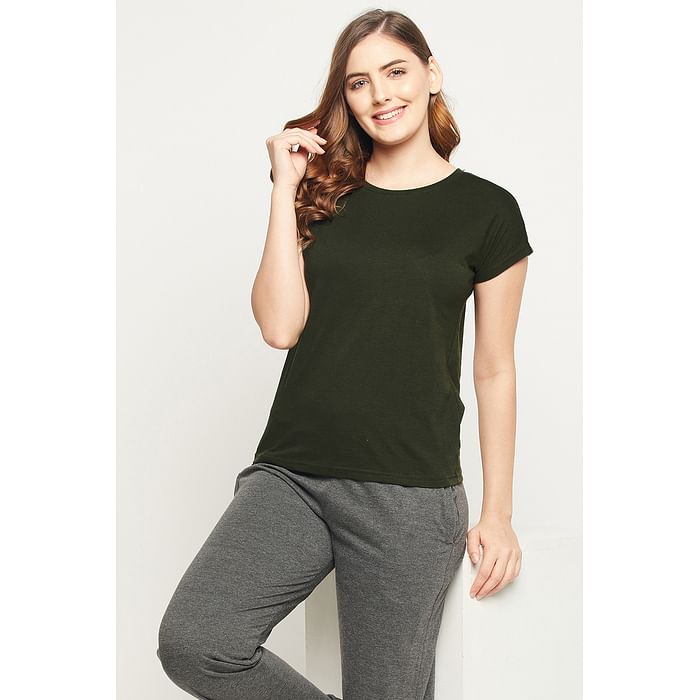 

Clovia Chic Basic Top in Olive Geen - 100% Cotton - LT0146P17, Dark green