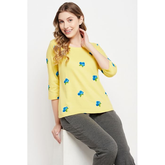 

Clovia Tutti Fruity Top in Yellow - 100% Cotton - LT0148P02, Light yellow