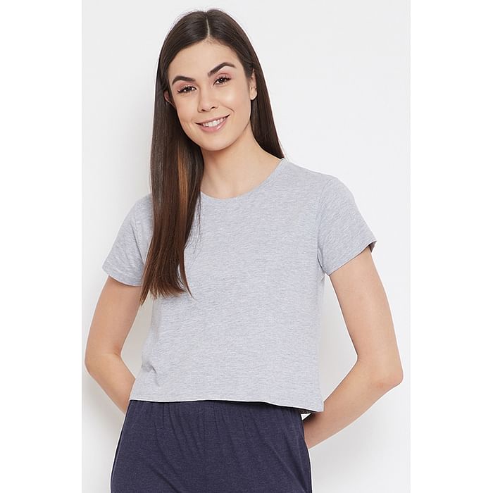 

Clovia Chic Basic Cropped Sleep Tee in Light Grey - 100% Cotton - LT0151P01