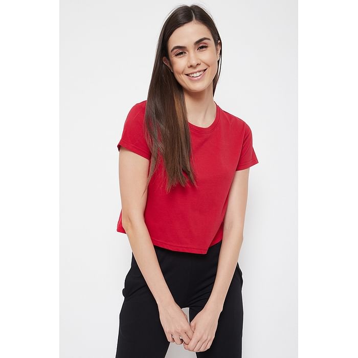 

Clovia Chic Basic Cropped Sleep Tee in Red - 100% Cotton - LT0151P04