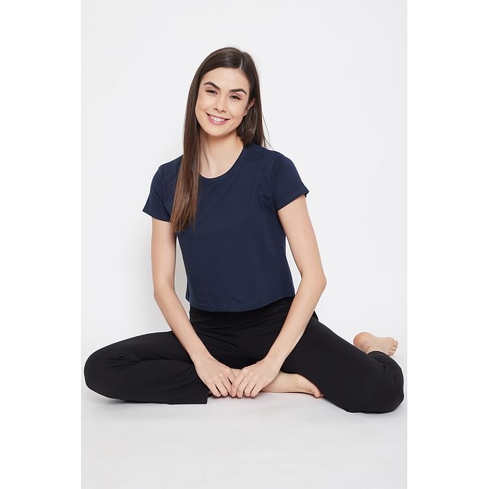 

Clovia Chic Basic Cropped Sleep Tee in Navy - 100% Cotton - LT0151P08