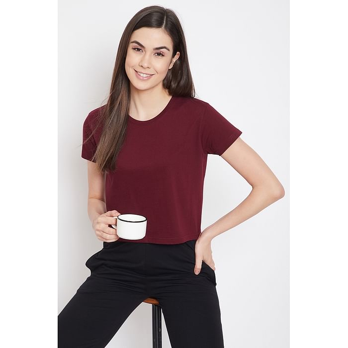

Clovia Chic Basic Cropped Sleep Tee in Maroon - 100% Cotton - LT0151P09