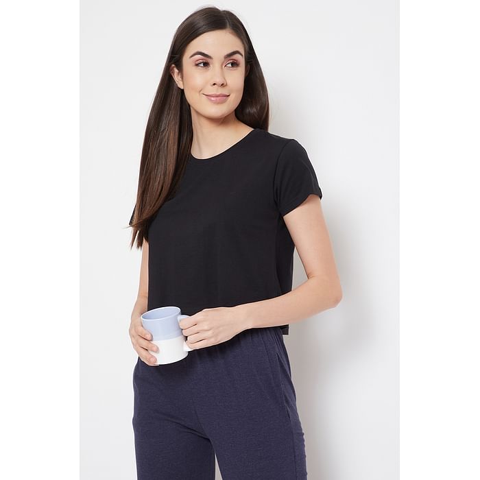 

Clovia Chic Basic Cropped Sleep Tee in Black - 100% Cotton - LT0151P13