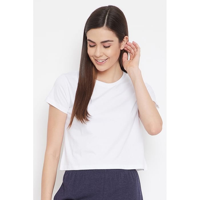

Clovia Chic Basic Cropped Sleep Tee in White - 100% Cotton - LT0151P18