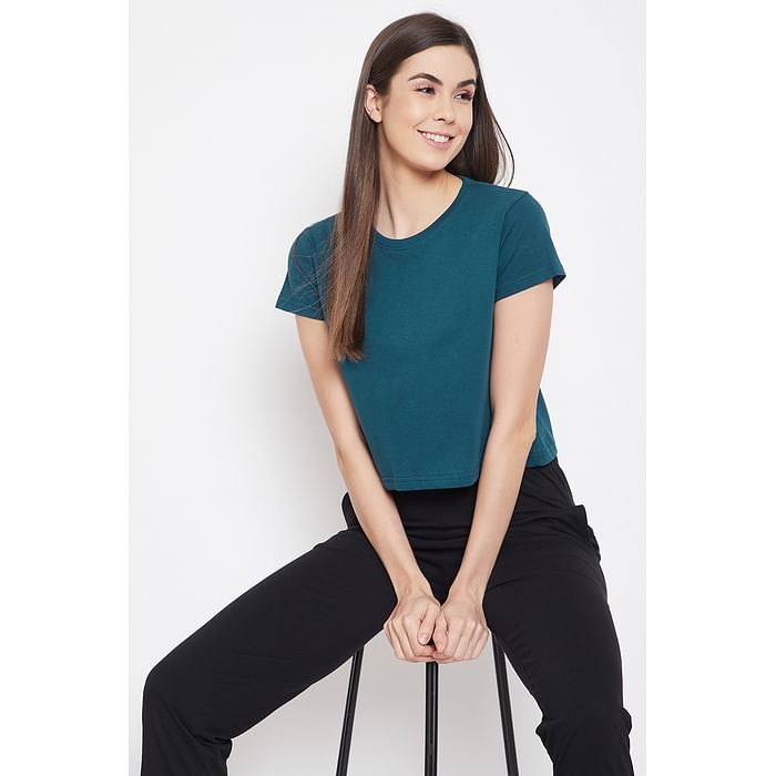 

Clovia Chic Basic Cropped Sleep Tee in Teal - 100% Cotton - LT0151P36