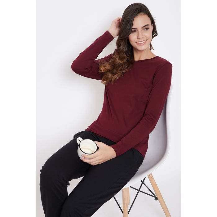 

Clovia Chic Basic Sleep Top in Maroon - Cotton - LT0152P09
